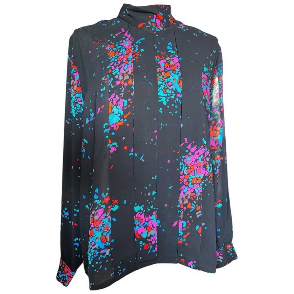 Vintage TanJay Blouse | Black Long Sleeve‎ Mock Neck. Abstract Paint Splatter